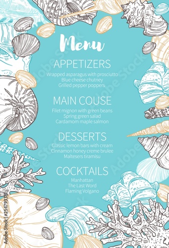 Marine seashells sketch menu, wedding party