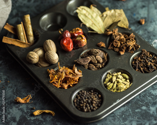 Indian spices, green cardamon, black pepper, star anise, nutmeg,