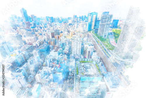 東京の都市風景 Tokyo city skyline , Japan.  Illustration of watercolor painting style.