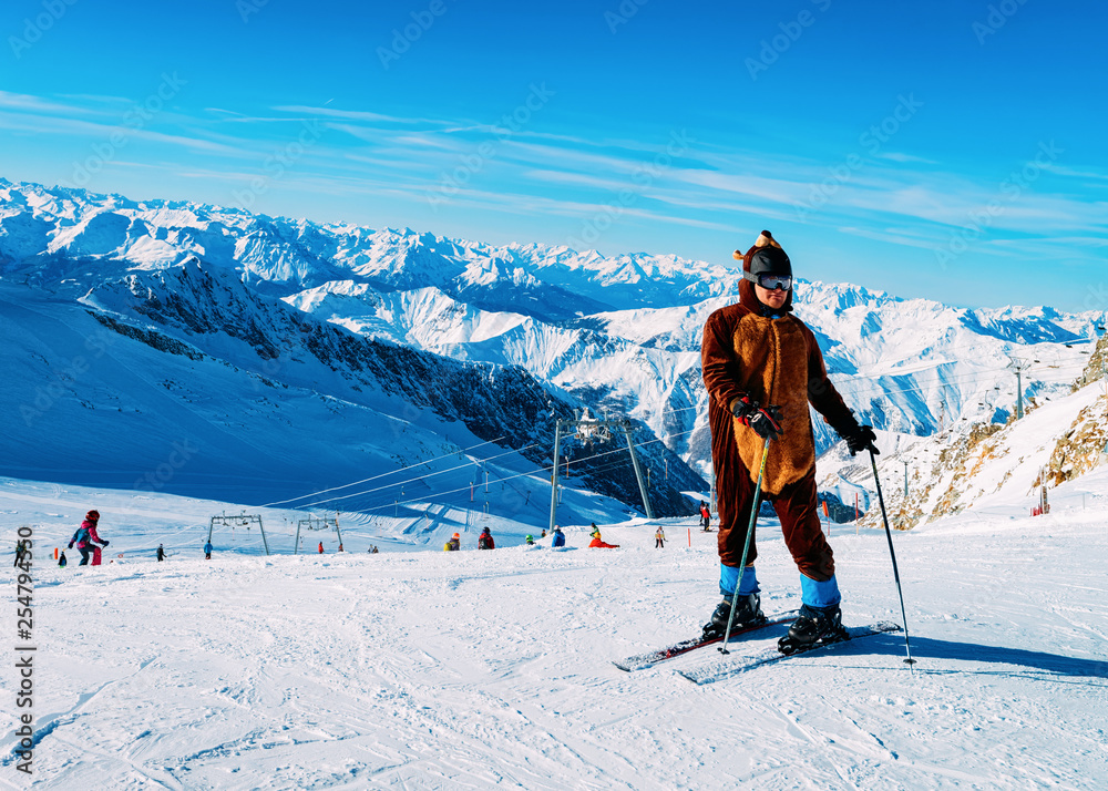 Man Skier in Hintertux Glacier ski resort at Zillertal Austria Man Skier in Hintertux Glacier ski resort at Zillertal Austria