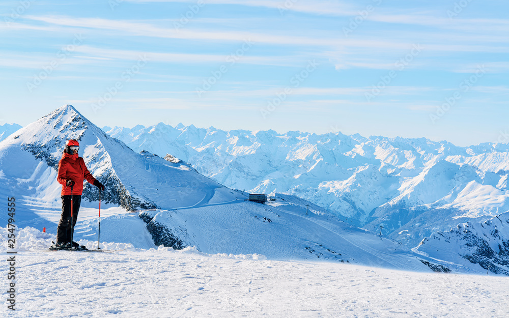 Man Skier in Hintertux Glacier ski resort Zillertal Austria