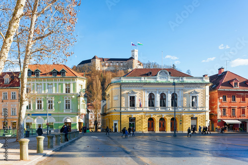 People in Congress Square and cityscape of Ljubljana photo