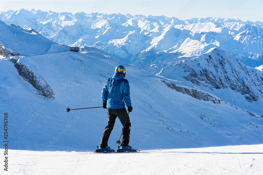 Man Skier at Hintertux Glacier ski resort in Zillertal Austria