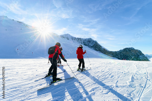 Family Skiers Hintertux Glacier ski resort in Zillertal Austria