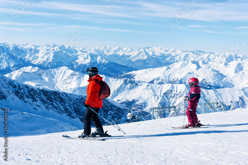 Family Skiers at Hintertux Glacier ski resort in Zillertal Austria photo