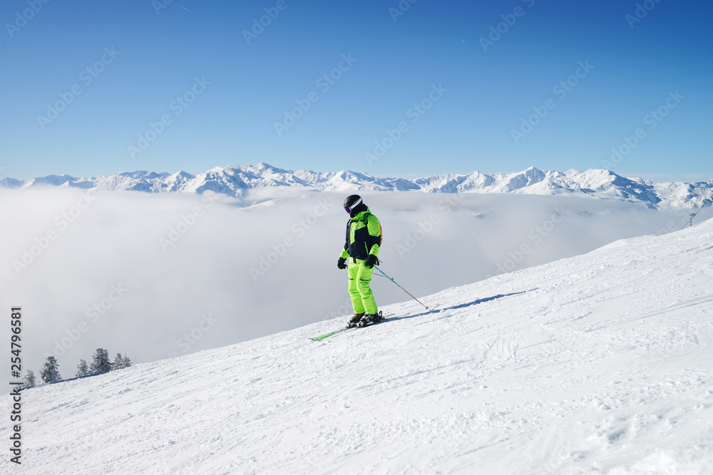 Man Skier Zillertal Arena ski resort in Tyrol Austria Man Skier Zillertal Arena ski resort in Tyrol Austria