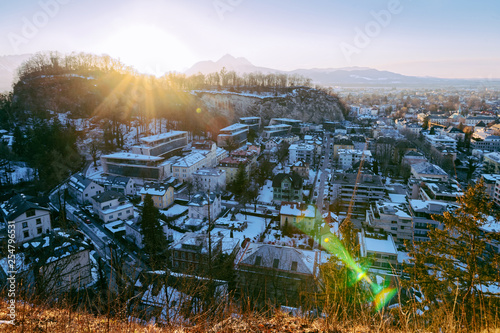 Panoramic view with Landscape of Old city Salzburg Monchsberg sunset