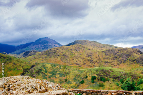 Landscape with mountains at Snowdonia National Park UK photo