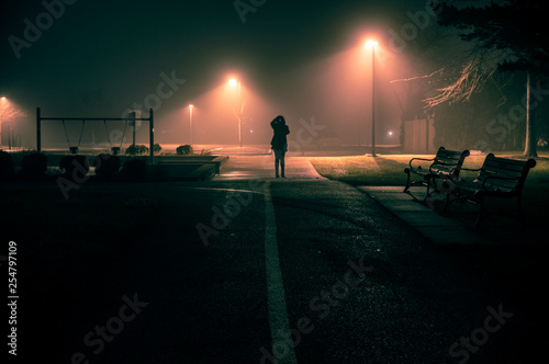 Figure stands at end of foggy path lit by streetlights.