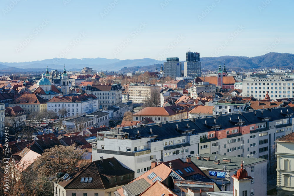 Panoramic view to cityscape of Ljubljana and mountains