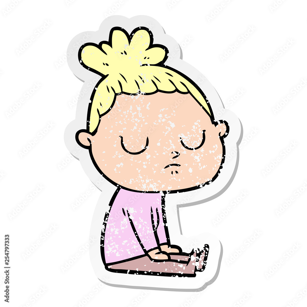 distressed sticker of a cartoon calm woman distressed sticker of a cartoon calm woman
