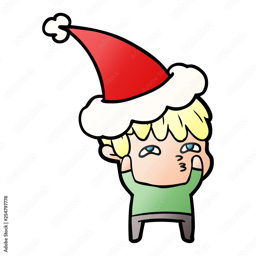 gradient cartoon of a curious man wearing santa hat