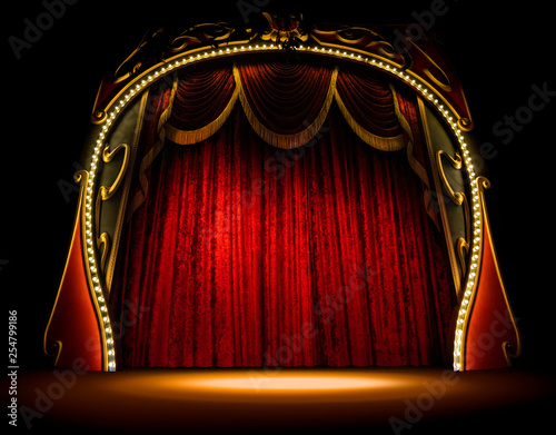 Empty old opera gala theater stage and red velvet curtains