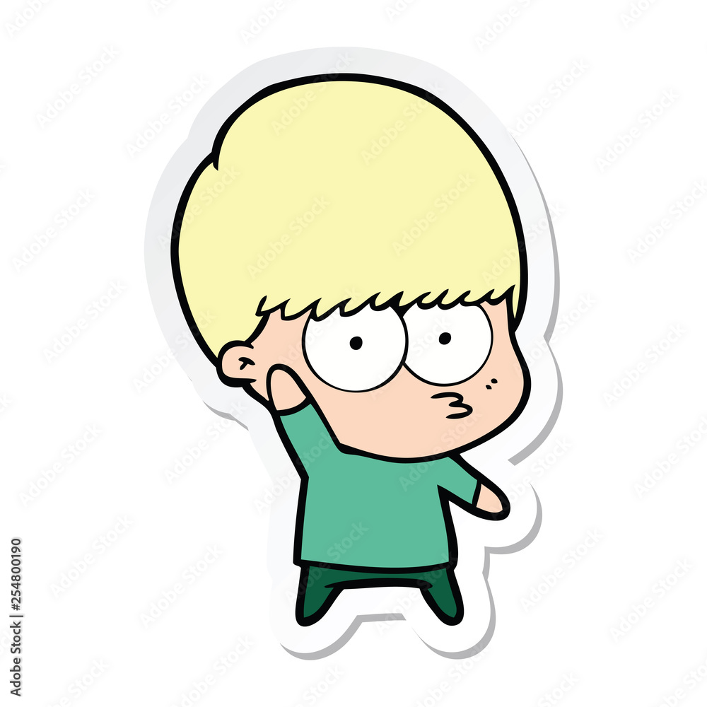 sticker of a nervous cartoon boy waving