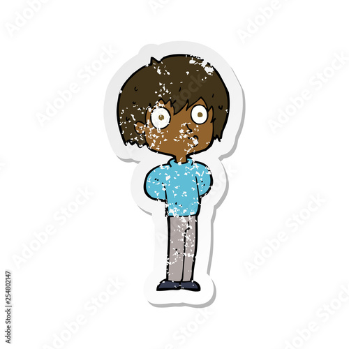 retro distressed sticker of a cartoon impressed boy