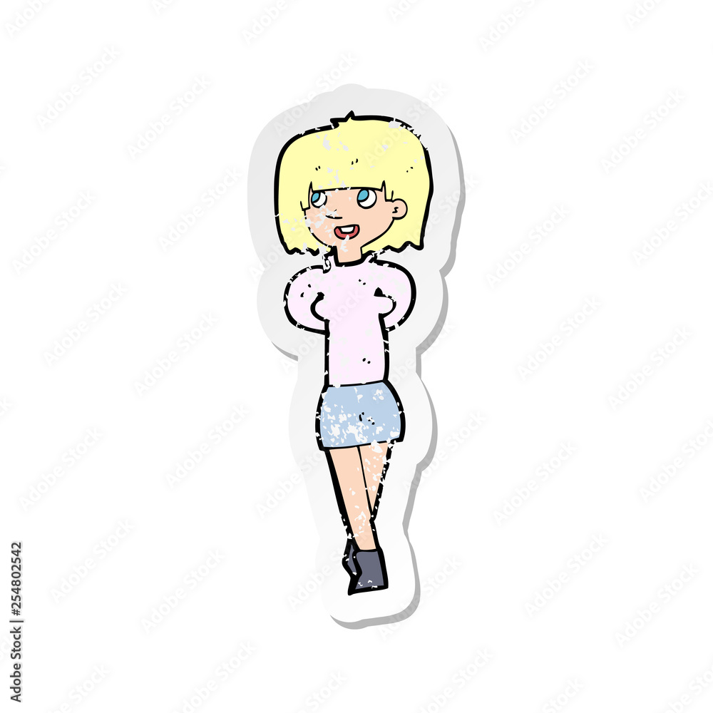 retro distressed sticker of a cartoon happy woman retro distressed sticker of a cartoon happy woman