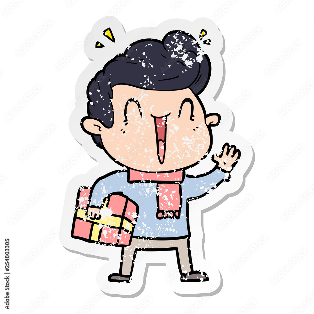 distressed sticker of a cartoon excited man