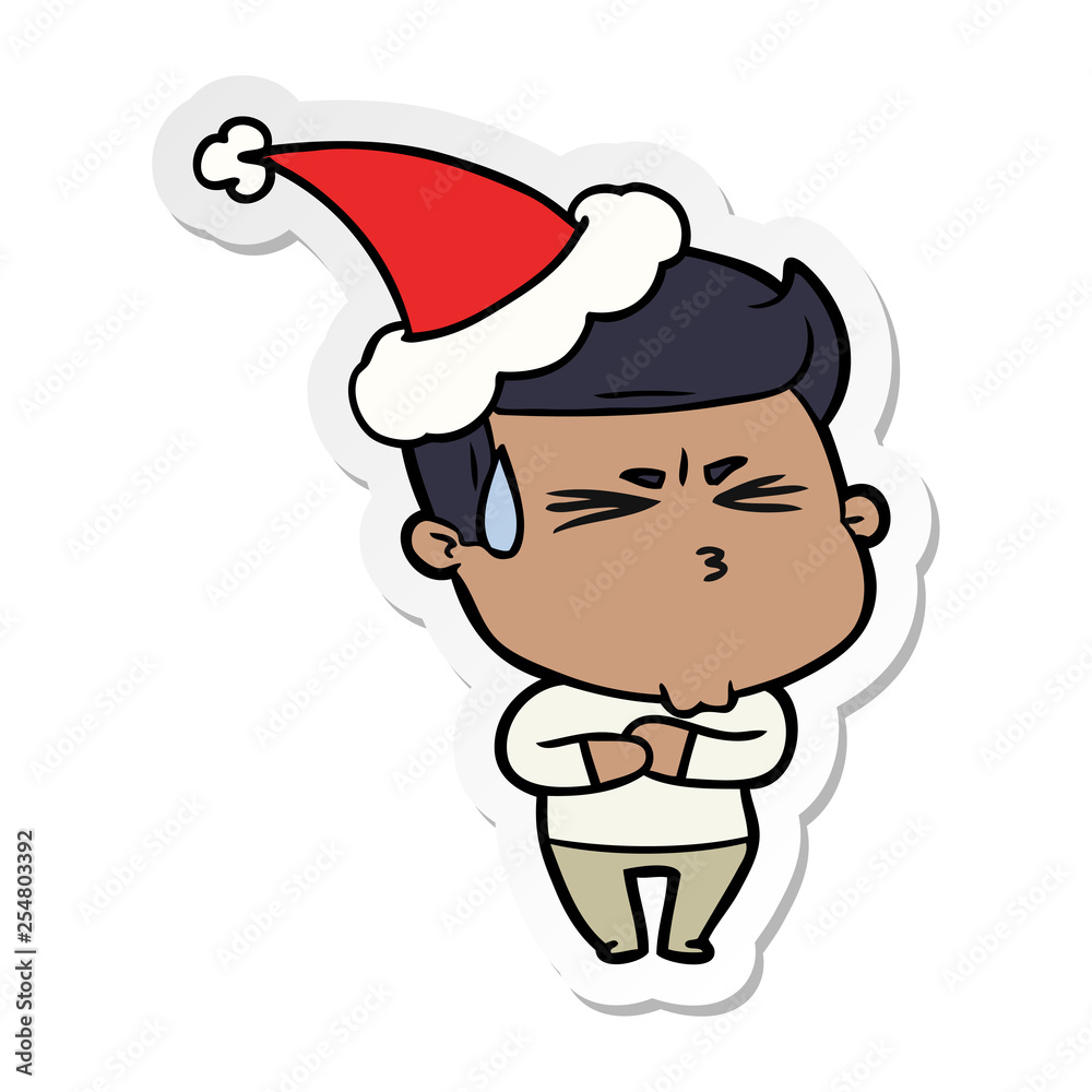 sticker cartoon of a frustrated man wearing santa hat