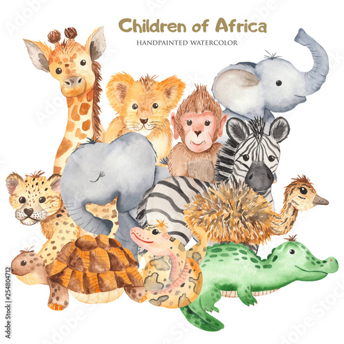 Watercolor card with cute characters of African animals. Template for invitation  greeting card  party  baby shower  children s clothing and design.