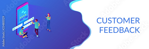Customer feedback isometric 3D banner header.