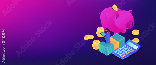 Budget control app isometric 3D banner header.