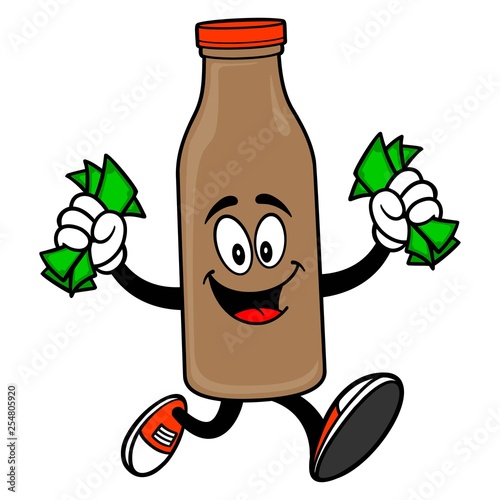 Chocolate Milk Mascot running with Money - A vector cartoon illustration of a Chocolate Milk Mascot running with Money.