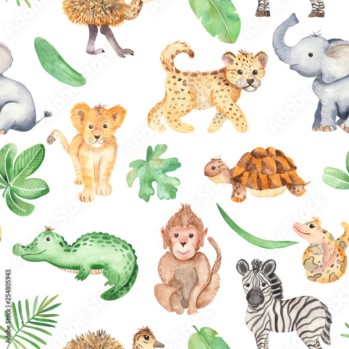 Watercolor pattern with cute cartoon animals of Africa. Texture for wallpaper  packaging  scrapbooking  textiles  fabrics  children s clothing and design.