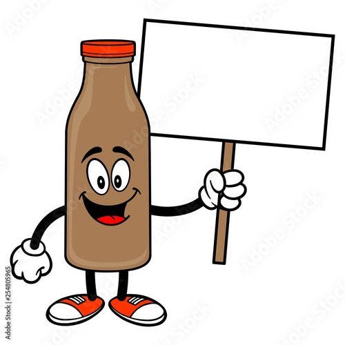 Chocolate Milk Mascot holding a Sign - A vector cartoon illustration of a Chocolate Milk Mascot holding a blank Sign.