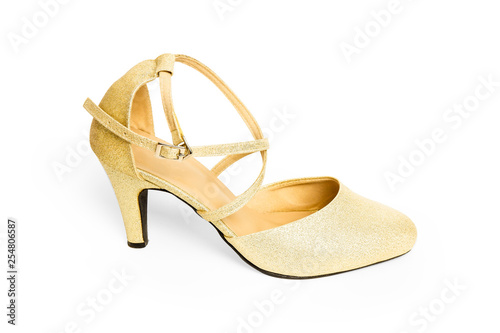 Closeup High Heel in Shining Golden Color Shoes Woman with Ankle Strap. Single Gold Women Shoe for fashionable. Beautiful Luxury High Heels Isolated on White Background with Clipping Path for Design.