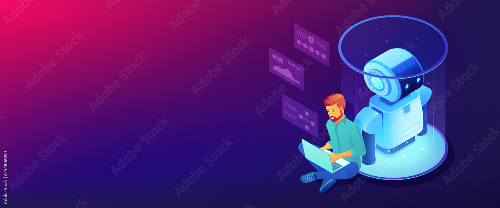 Robot software isometric 3D banner header.