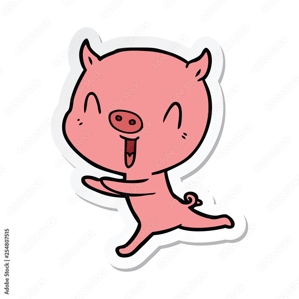sticker of a happy cartoon pig running