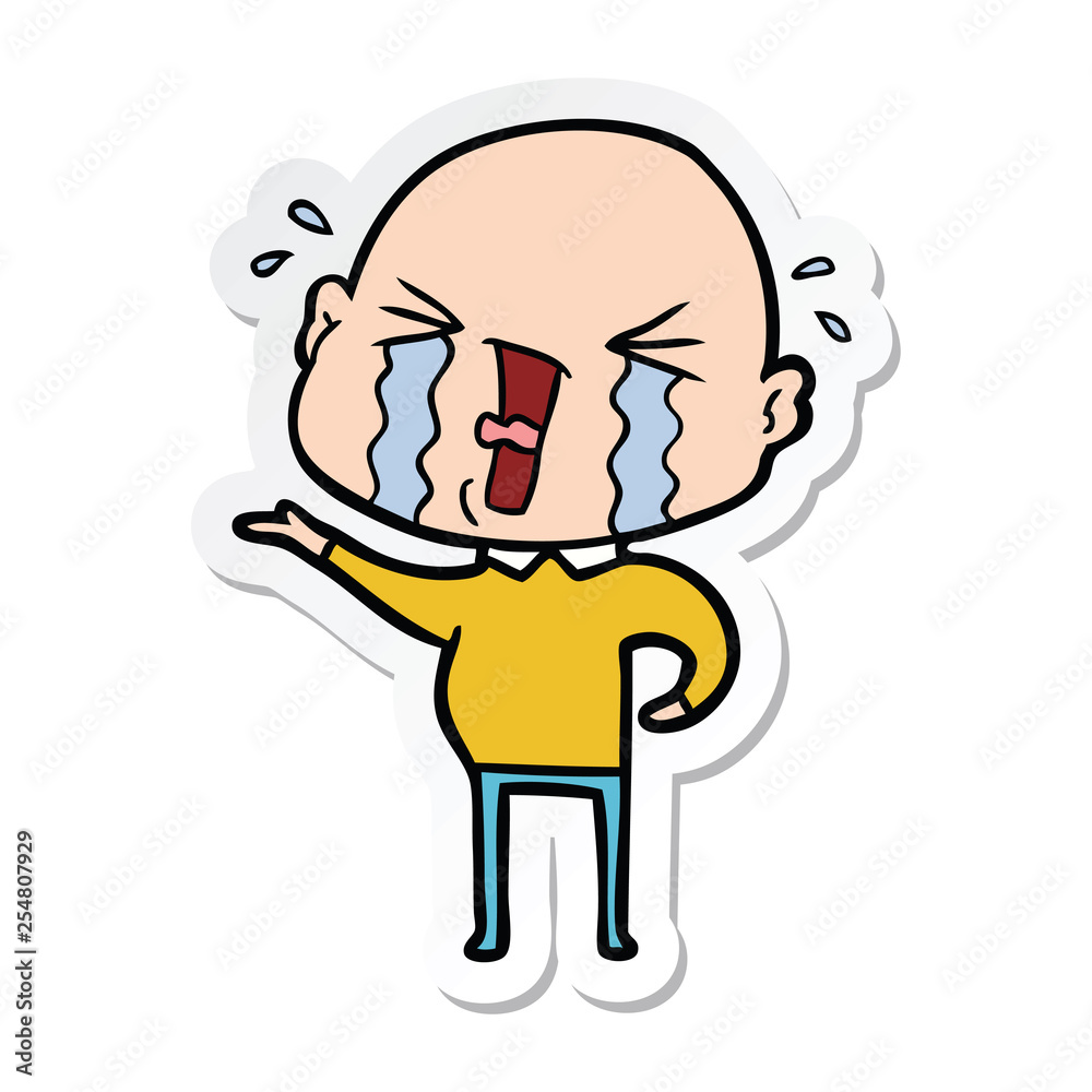 sticker of a cartoon crying bald man