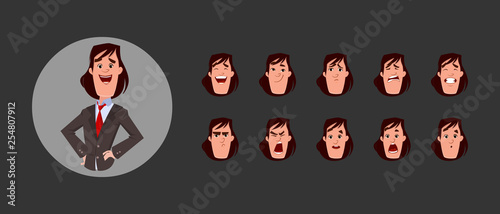 Young business man character creation collection with various facial emotions and lip sync. Character for custom animation.