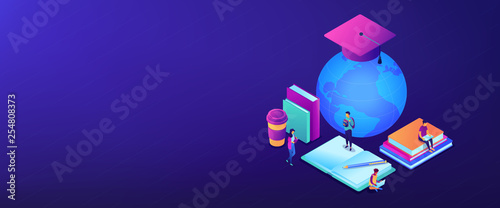 Global online education isometric 3D banner header.