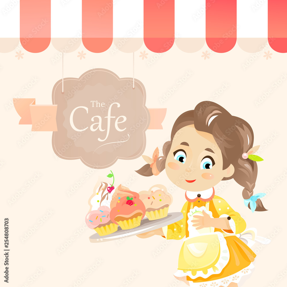 A cute little girs holds cupcakes or muffins on the tray and stands under awning of cafe vector illustration A cute little girs holds cupcakes or muffins on the tray and stands under awning of cafe vector illustration