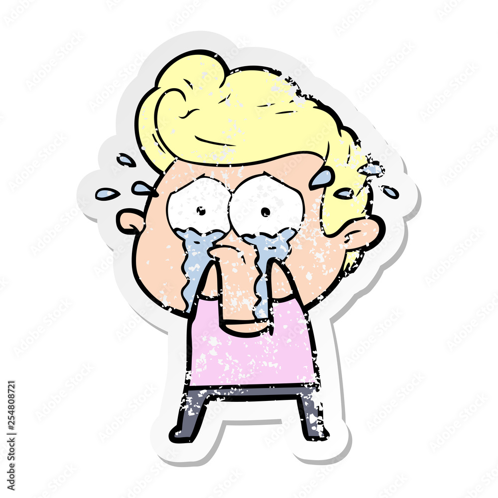 distressed sticker of a cartoon crying man distressed sticker of a cartoon crying man