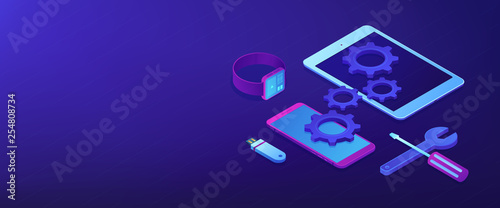 Mobile device repair isometric 3D banner header.