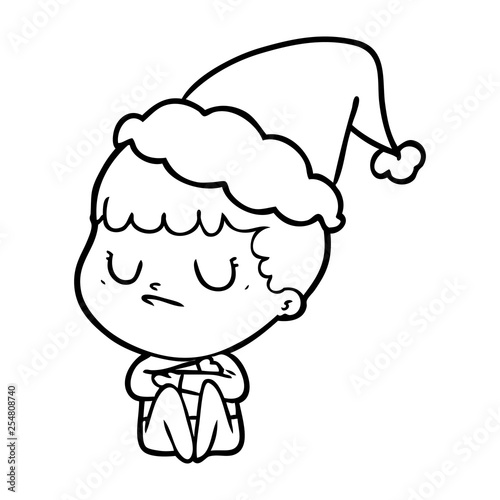 line drawing of a grumpy boy wearing santa hat