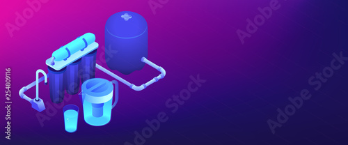 Water filtering system isometric 3D banner header.
