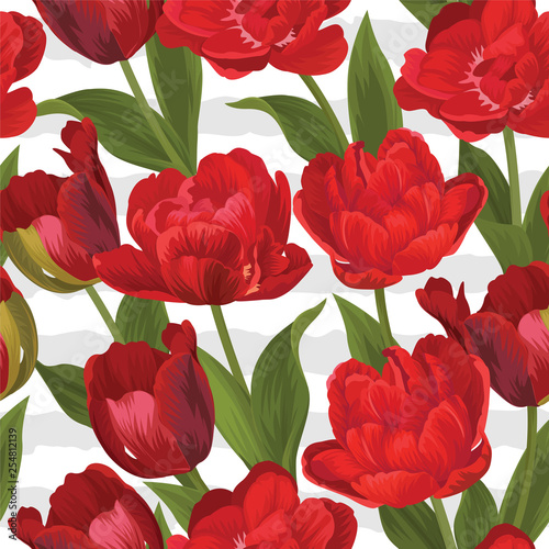 Seamless pattern of red tulip flowers background. Vector set of blooming floral for holiday invitations  greeting card and fashion design.
