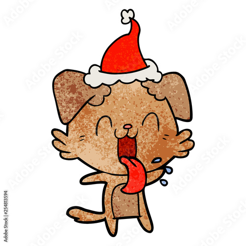 textured cartoon of a panting dog wearing santa hat
