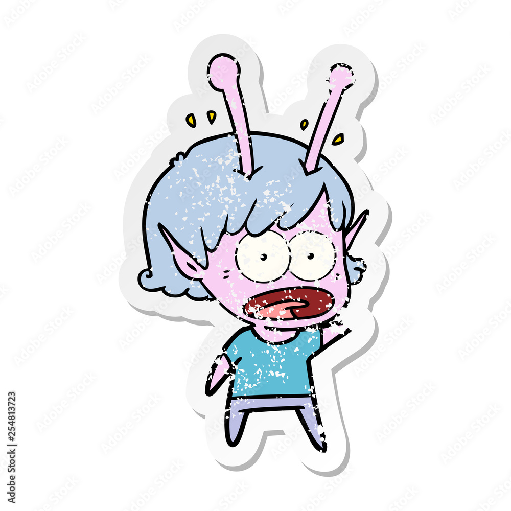 distressed sticker of a cartoon shocked alien girl distressed sticker of a cartoon shocked alien girl