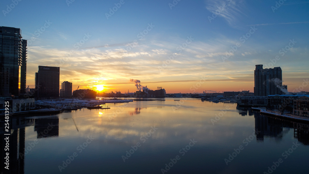 A view of the sunrise in downtown Baltimore, Maryland on a winter morning.