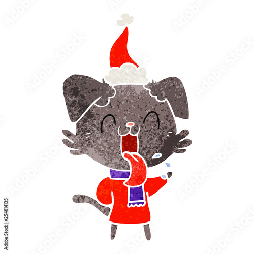 retro cartoon of a panting dog wearing santa hat