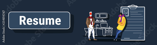 businessman hr manager meeting interviewing male job applicant leaning on resume recruitment and human resources concept sketch flow style horizontal banner