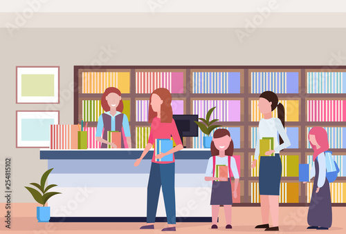 people in line queue borrowing books from librarian modern library bookstore interior bookcase with books reading education knowledge concept flat horizontal