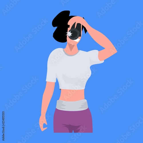 woman photographer taking picture with camera female journalist reporter shooting professional occupation concept cartoon character portrait flat blue background