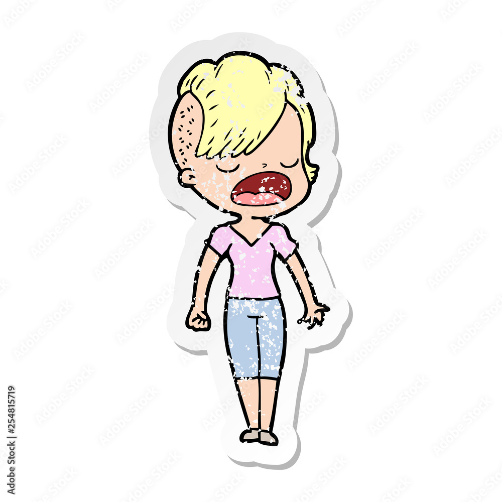 distressed sticker of a cartoon cool hipster girl talking distressed sticker of a cartoon cool hipster girl talking