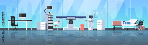 hospital operating table clean medical surgery room modern equipment clinic interior medical worker doctor workplace glass wall cityscape background horizontal flat