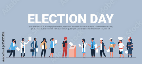 election day concept different occupations voters casting ballots at polling place during voting mix race people putting paper ballot in box full length flat horizontal copy space photo